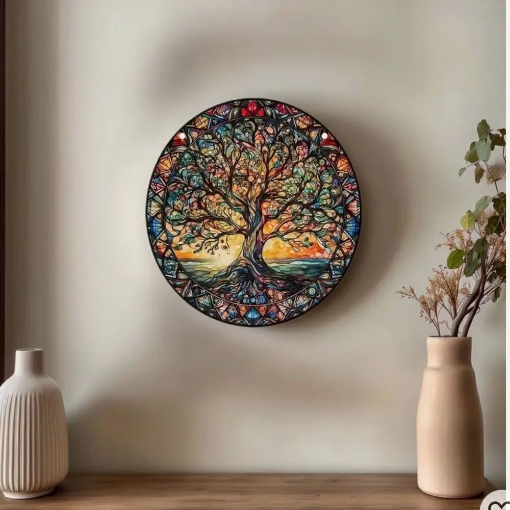 Elegant Multicolor faux Stained Glass Tree Wall Decor